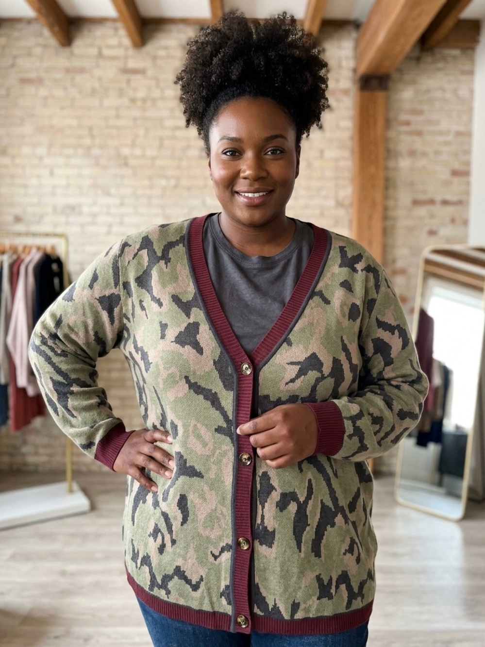 Crescent Drive Camo Knit Cardigan Sweater Burgundy Plus Size 2X (Tag 4/5)